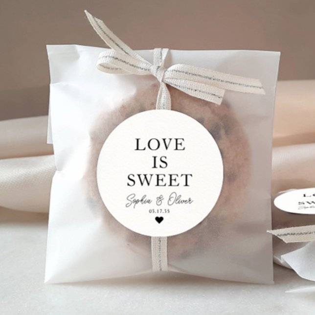 Classic LOVE IS SWEET Heart Wedding Names Favour Classic Round Sticker (Creator Uploaded)