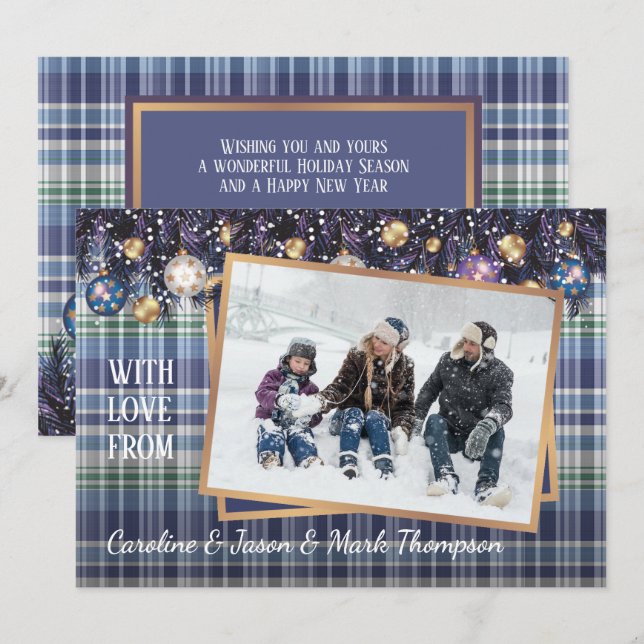 Classic Love Seasons Greetings Purple Blue Plaid Holiday Card (Front/Back)