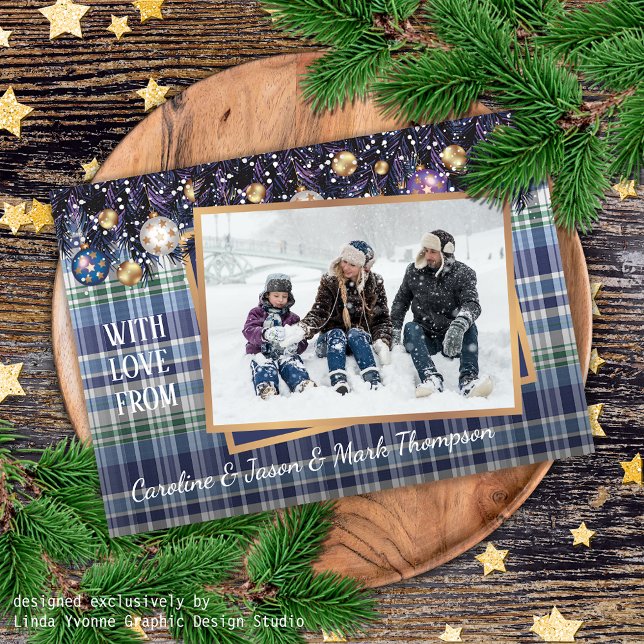 Classic Love Seasons Greetings Purple Blue Plaid Holiday Card (Creator Uploaded)