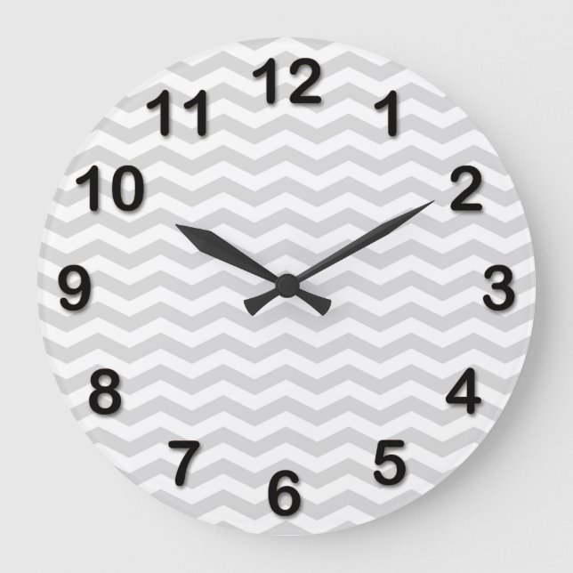 Classic Lt Grey White Thin Chevron Zig-Zag Pattern Large Clock (Front)