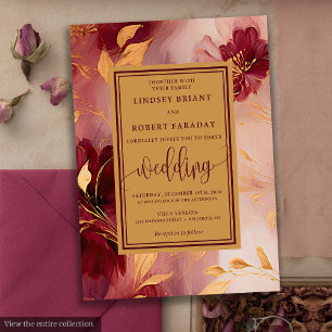 Classic Lux Burgundy Blush Gold Flowers Wedding Invitation