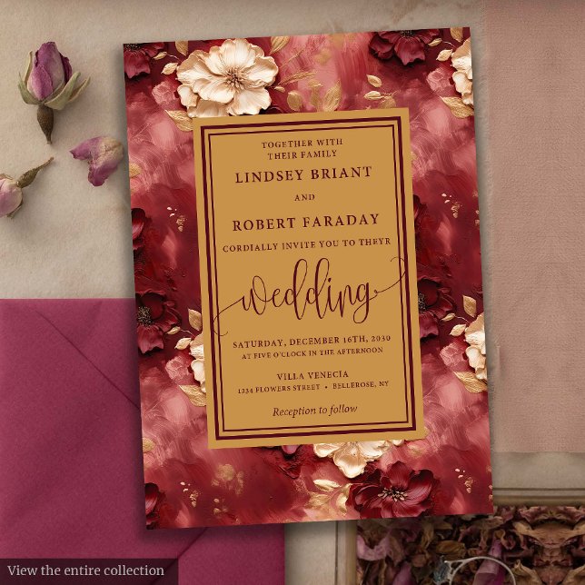 Classic Lux Dark Red Gold Floral Wedding Invites (Classic Lux Dark Red Gold Floral Wedding Invitation)