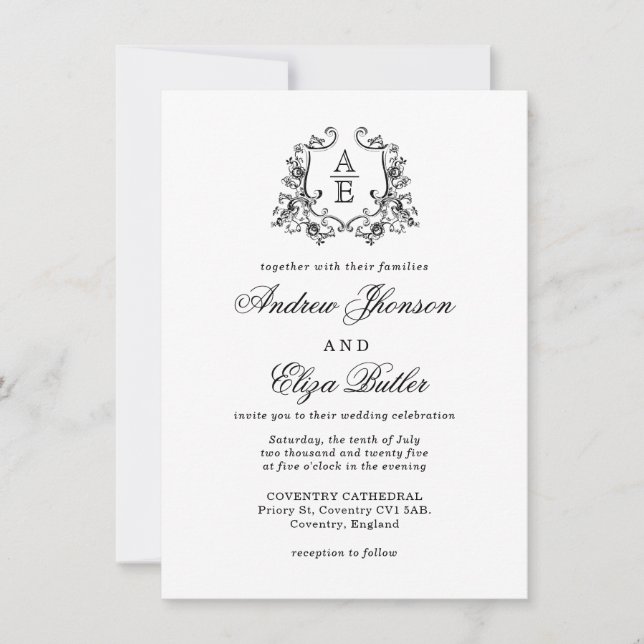 Classic Luxe Black & White Monogram  Invitation (Front)