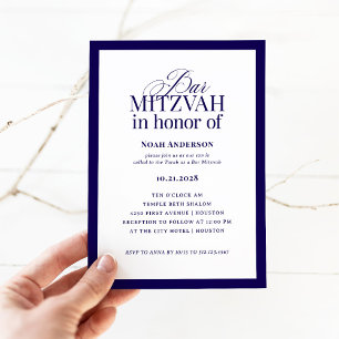 Classic Luxe   Elegant Blue and White Bar Mitzvah Invitation