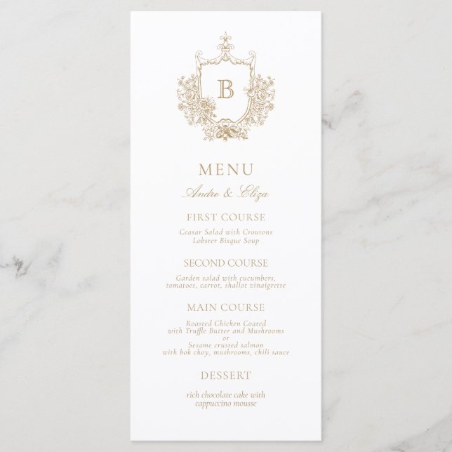 Classic Luxe Gold and White Monogram Wedding Menu (Front)