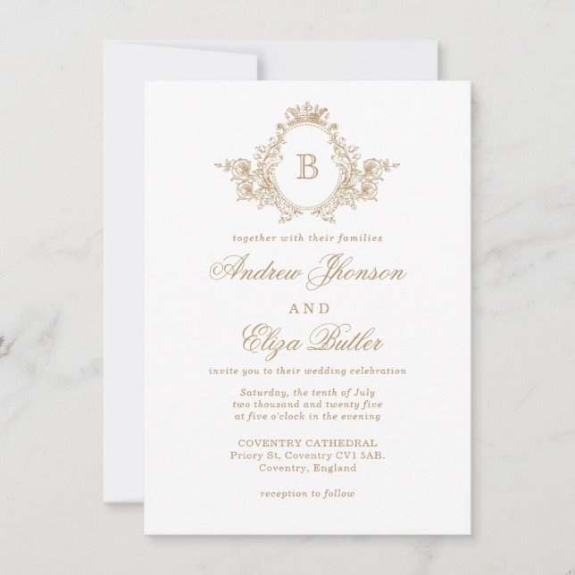 Classic Luxe Gold Monogram Crest Custom Wedding  Invitation (Front)