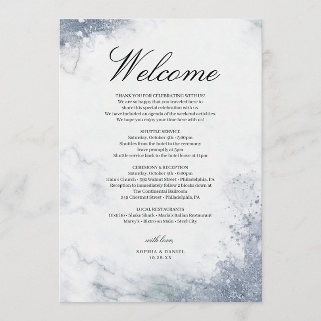Classic Luxe Marble Wedding Welcome Itinerary Program (Front)