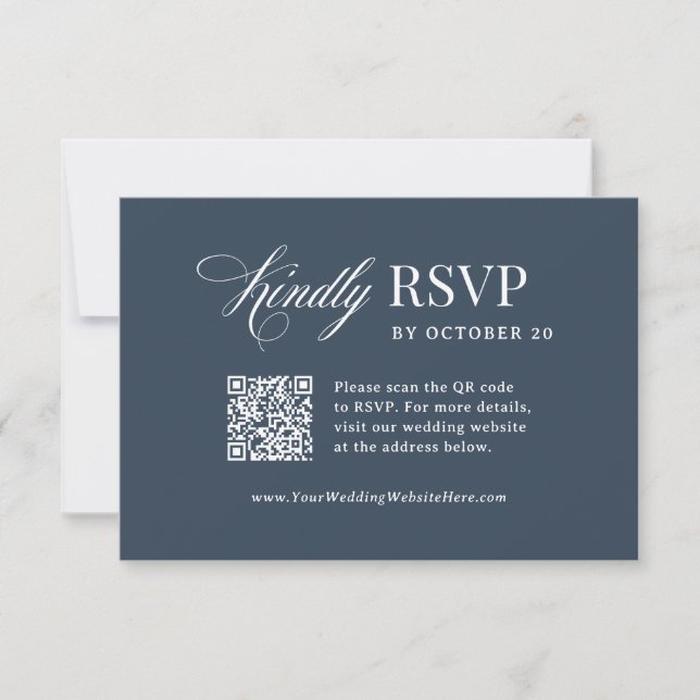 Classic Luxe | Navy Blue Scannable QR Code Wedding RSVP Card (Front)