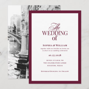 Classic Luxe Photo White and Burgundy Wedding Invitation