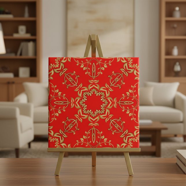 Classic Luxury Chic Faux Gold Ornaments On Red Ceramic Tile (Creator Uploaded)