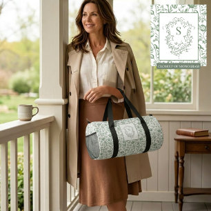 Classic Luxury Sage French Toile Monogram Crest Duffle Bag
