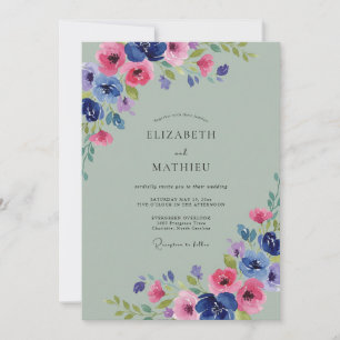 Classic Magenta Cobalt Petal Wedding Invitation