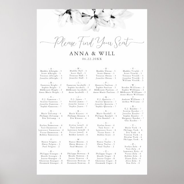 Classic Magnolia Black White Alphabetical Seating Poster (Front)