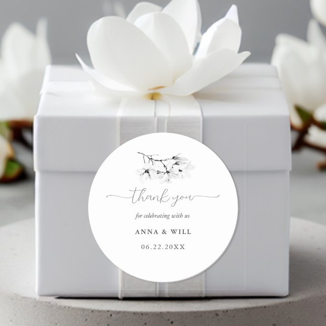 Classic Magnolia Black White Floral Wedding Favour Classic Round Sticker (Floral Wedding Sticker Ivory Magnolia Modern Classic Simple Elegant Bohemian)
