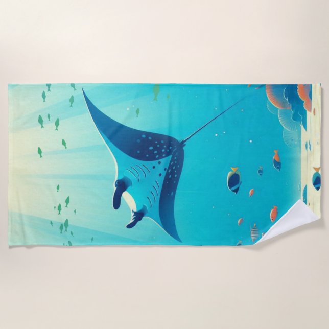 Classic, manta ray coastal art beach towel (Front)