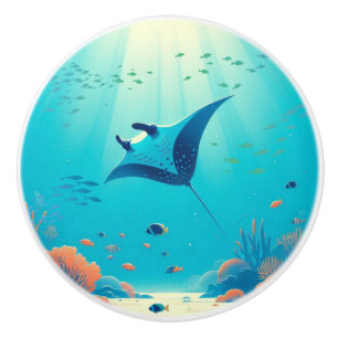 Classic, manta ray coastal art ceramic knob