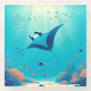 Classic, manta ray coastal art glass coaster