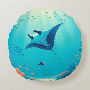 Classic, manta ray coastal art round cushion