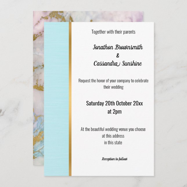 CLASSIC MARBLE PASTEL BLUE GOLD TRIM INVITATION (Front/Back)