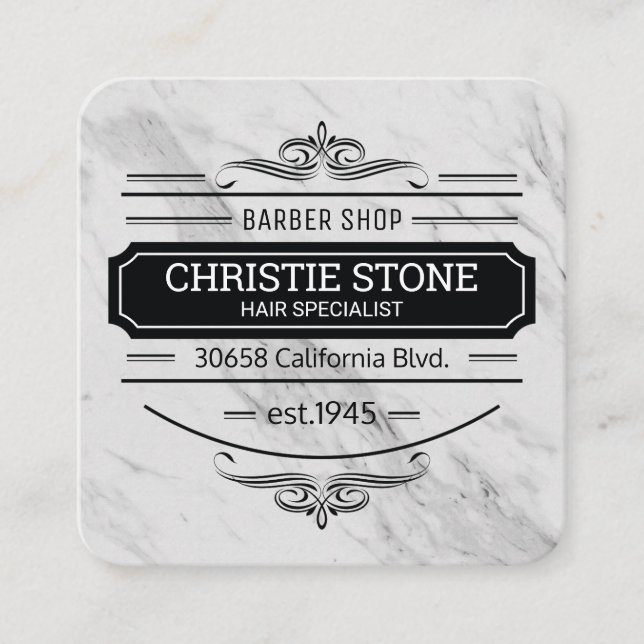 Classic Marble Retro Label Barber Square Business Card (Front)