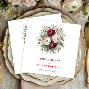 Classic Maroon Floral Eucalyptus Gold Wedding Napkin
