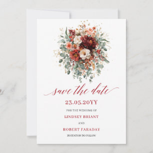 Classic Maroon Floral Gold Save The Date Card