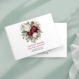 Classic Maroon Flowers Eucalyptus Gold Guest Book