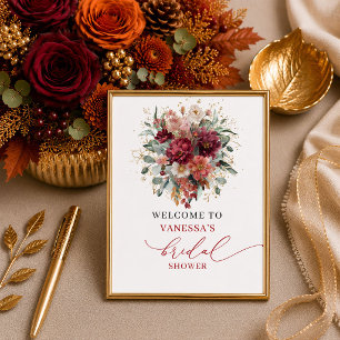 Classic maroon greenery fall bridal shower 8x10 si poster