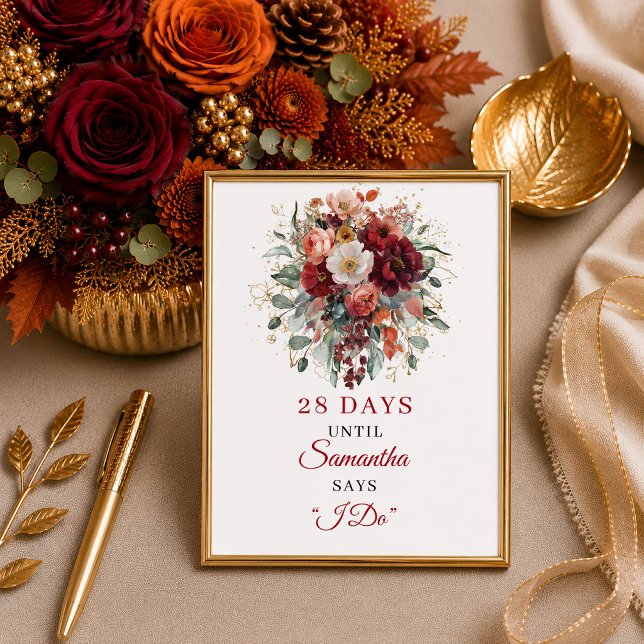 Classic maroon greenery fall bridal shower countdo poster (Classic maroon greenery fall bridal shower countdown sign

)