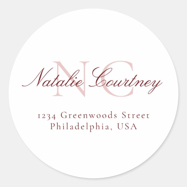 Classic Maroon Minimalist Two Monogram Classic Round Sticker (Front)