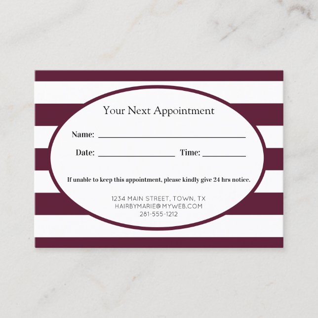 Classic Maroon Stripes Business Appointment Card (Front)