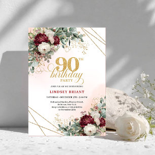 Classic Marsala Floral Greenery 90th Birthday Invitation