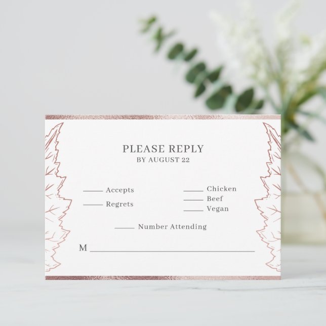 Classic Matt Rose Gold Leaves Wedding RSVP Card (Standing Front)