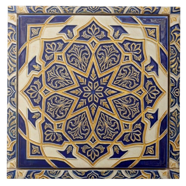 Classic Mediterranean Cobalt Blue & Gold Talavera Ceramic Tile (Front)