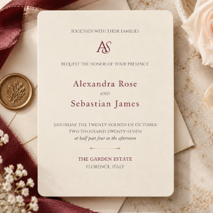 Classic Merlot Burgundy Monogram Wedding Invitation