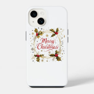 Classic Merry Christmas Card with Holly Design iPhone 14 Case