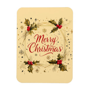 Classic Merry Christmas Card with Holly Design Magnet