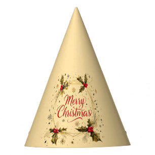 Classic Merry Christmas Card with Holly Design Party Hat
