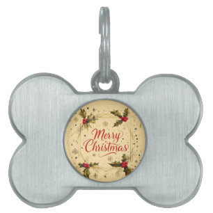Classic Merry Christmas Card with Holly Design Pet ID Tag