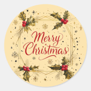 Classic Merry Christmas Card with Holly Design Round Sticker
