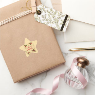 Classic Merry Christmas Card with Holly Design Star Sticker