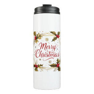 Classic Merry Christmas Card with Holly Design Thermal Tumbler