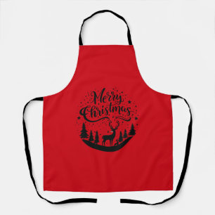 Classic Merry Christmas Deer and Tree Design Art Apron