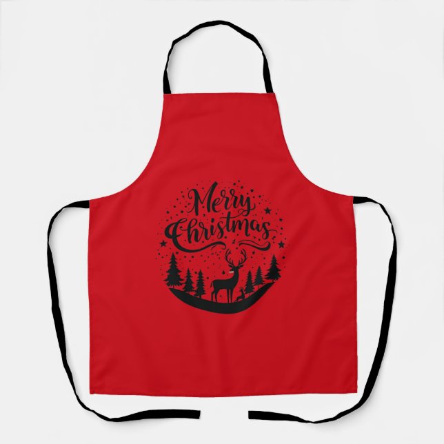Classic Merry Christmas Deer and Tree Design Art Apron (Front)