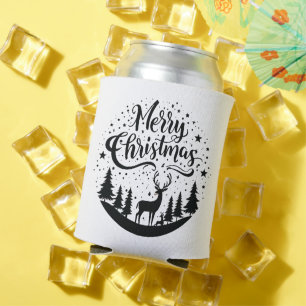 Classic Merry Christmas Deer and Tree Design Art Can Cooler