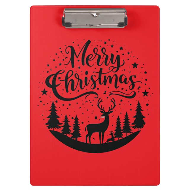 Classic Merry Christmas Deer and Tree Design Art Clipboard (Front)