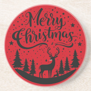 Classic Merry Christmas Deer and Tree Design Art Coaster