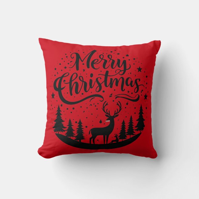 Classic Merry Christmas Deer and Tree Design Art Cushion (Front)