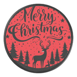 Classic Merry Christmas Deer and Tree Design Art Hockey Puck