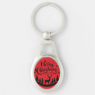 Classic Merry Christmas Deer and Tree Design Art Key Ring